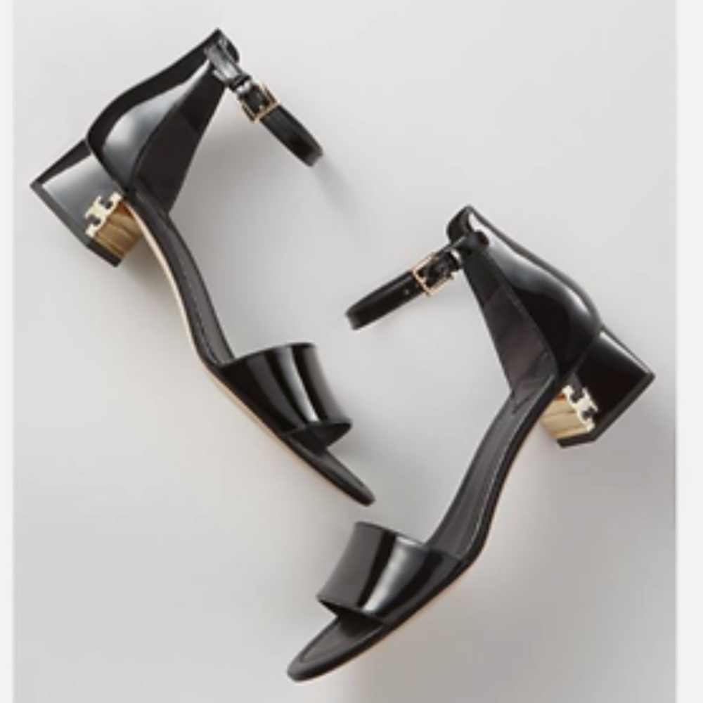 Tory Burch Women's Finley Black Gold Patent Leather Ankle Strap Sandal